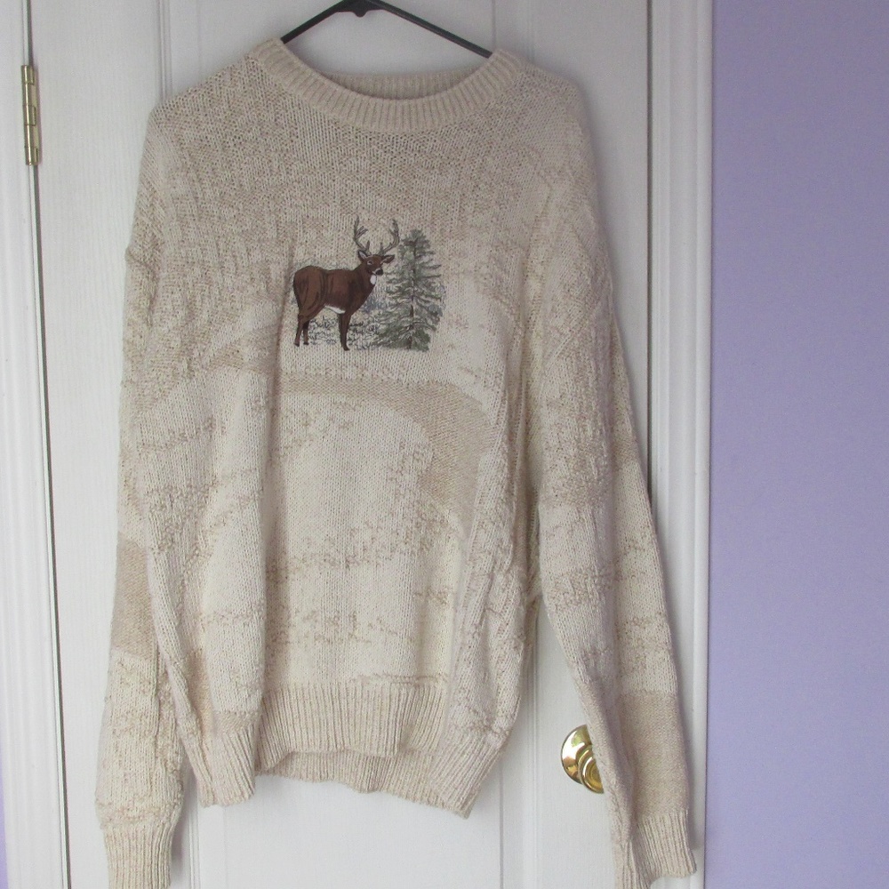Men's Winter Deer Cream Tan Crewneck Sweater